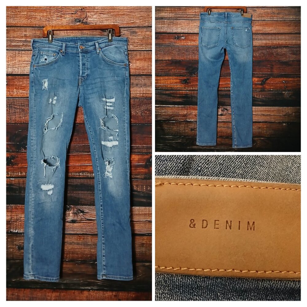 H&M Jeans &Denim Mens 36X32 Skinny Button Fly Distressed Blue Ripped Stretch